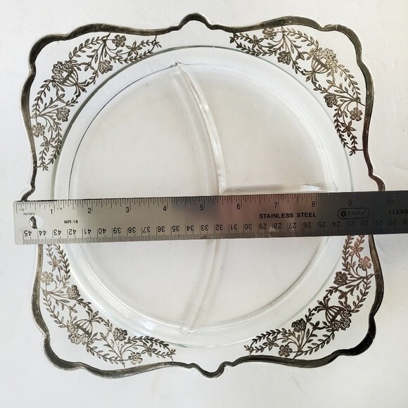 Vintage Imperial Glass Art Deco Silver Overlay Grill Plate Dish Roses & Urn - Picture 6 of 7